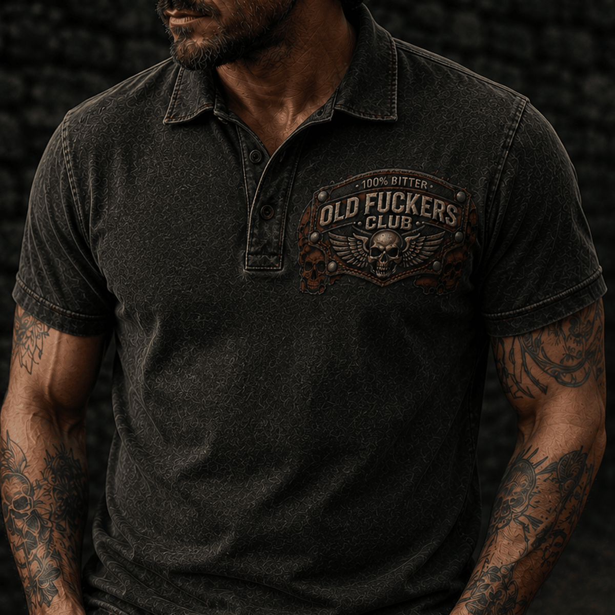 Bitter Old Fuckers Club Printed Polo Shirt Skull Biker Graphic Father’s Day Gift for Dad Grandpa Vintage Style Top