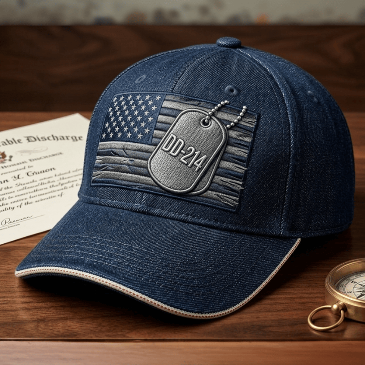 DD-214 Dog Tag Printed Denim Cap Veteran Gift for Men American Flag Military Retirement Hat US Veteran Patriotic Gift