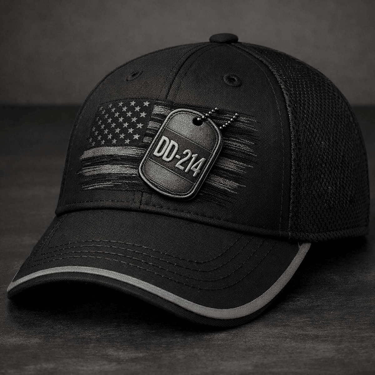 DD-214 Dog Tag Printed Trucker Cap Veteran Gift for Men American Flag Military Retirement Hat US Veteran Patriotic Gift