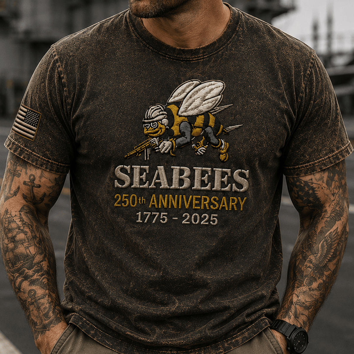 Seabees 250th Anniversary 1775-2025 Printed T Shirt US Navy Construction Battalion Veteran Gift Military Patriotic Tee