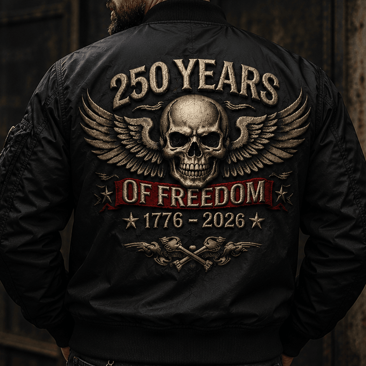 250 Years Of Freedom 1776-2026 Printed Bomber Jacket Skull Wings Patriotic Anniversary Gift Independence Day Apparel