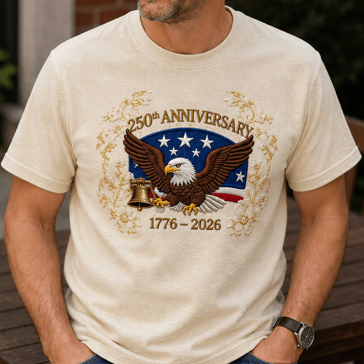 250th Anniversary 1776-2026 Printed T-Shirt, American Eagle Liberty Bell Patriotic Shirt, USA Flag Independence Day Gift