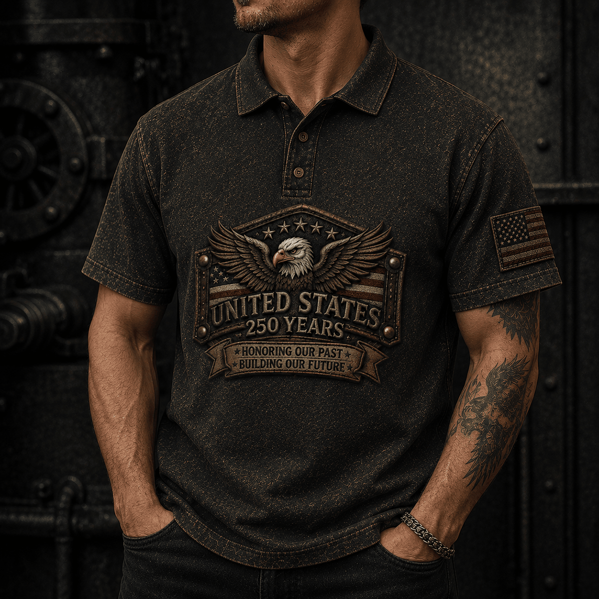 United States 250 Years Honoring Our Past Building Our Future Printed Polo Shirt American Eagle USA Flag Patriotic Independence Day Gift