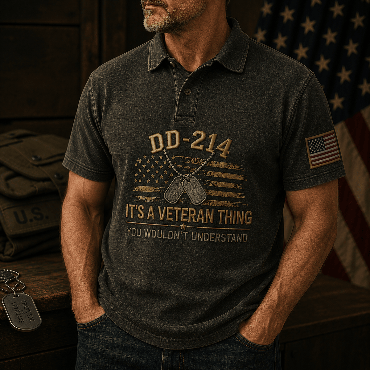 DD-214 It's A Veteran Thing You Wouldn't Understand Printed Polo Shirt Military Veteran Gift for Dad Patriotic USA Memorial Day