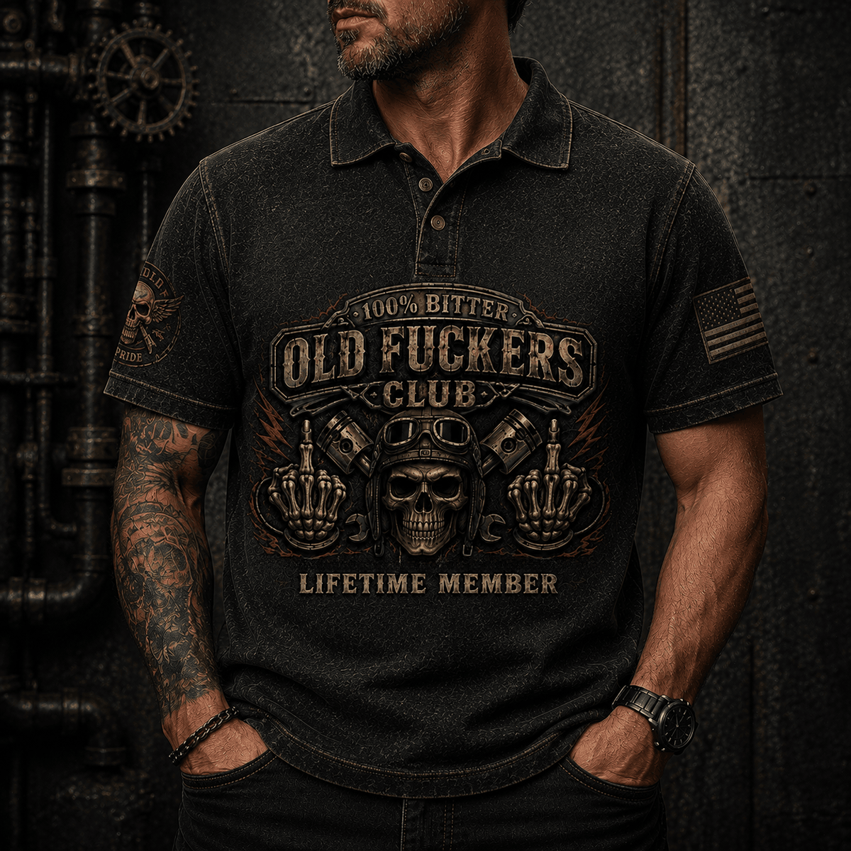Bitter Old Fuckers Club Lifetime Member Printed Polo Shirt Skull Biker Mechanic Gift for Dad Patriotic USA Veteran