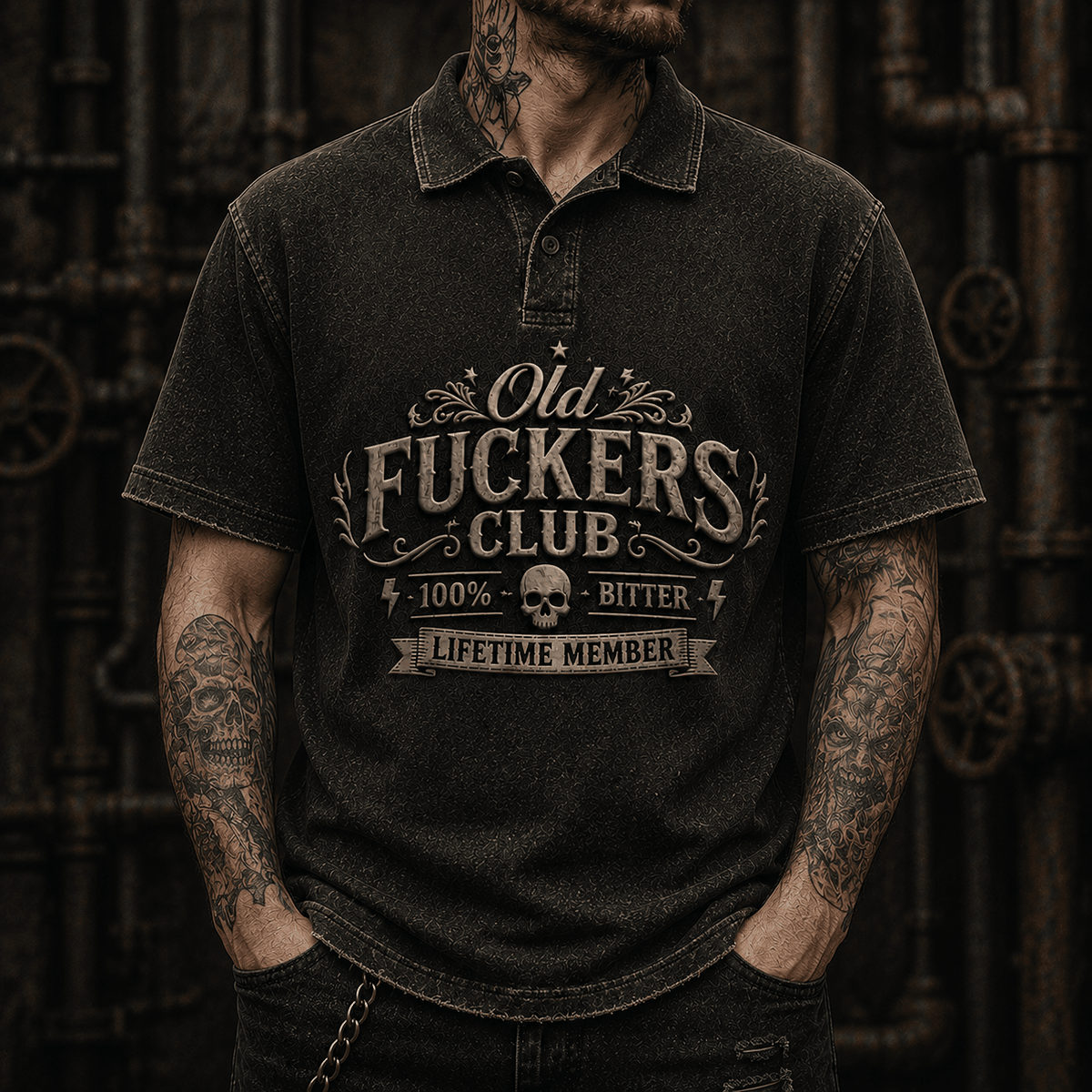 Old Fuckers Club Bitter Lifetime Member Printed Polo Shirt Vintage Skull Graphic Polo Biker Gift for Men