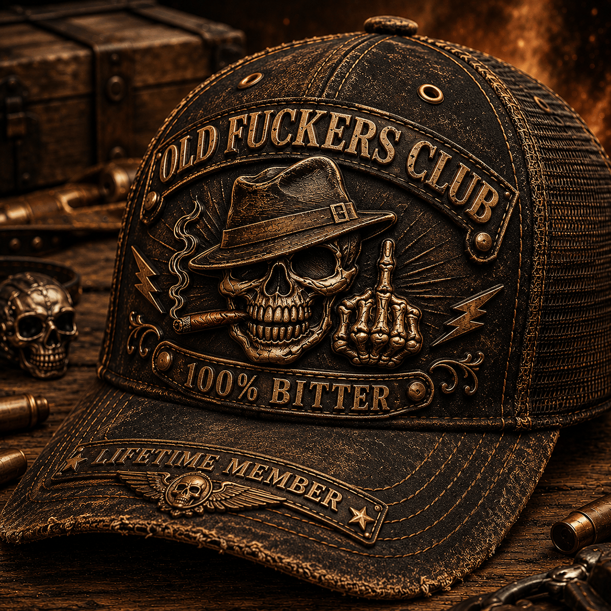 Old Fuckers Club Bitter Lifetime Member Printed Cap Skull Cigar Trucker Hat Vintage Biker Gift for Dad Grandpa Motorcycle Rider