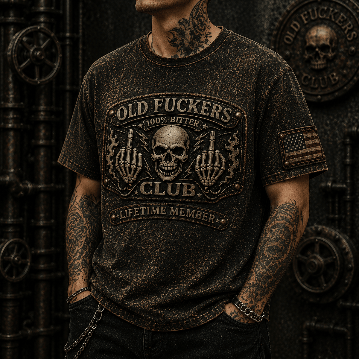 Old Fuckers Club Bitter Lifetime Member Printed T Shirt Skull Middle Finger Vintage Graphic Patriotic Gift for Dad Grandpa Biker