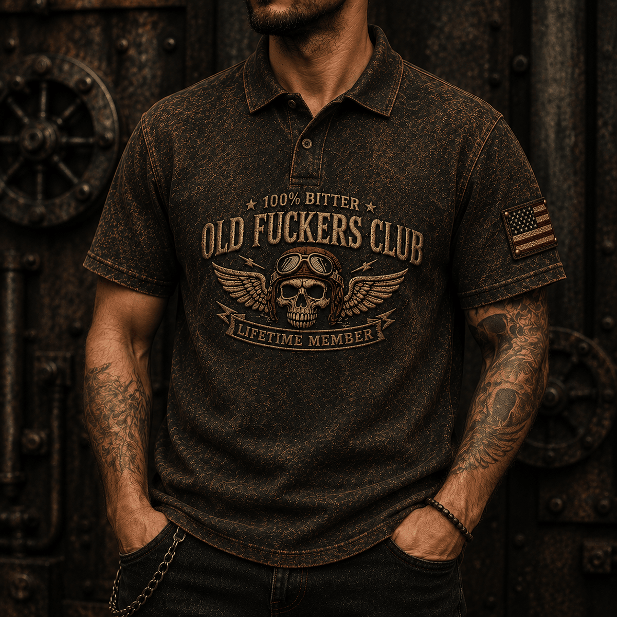 Bitter Old Fuckers Club Lifetime Member Printed Polo Shirt Vintage Skull Aviator Graphic Patriotic Gift for Dad Grandpa Biker