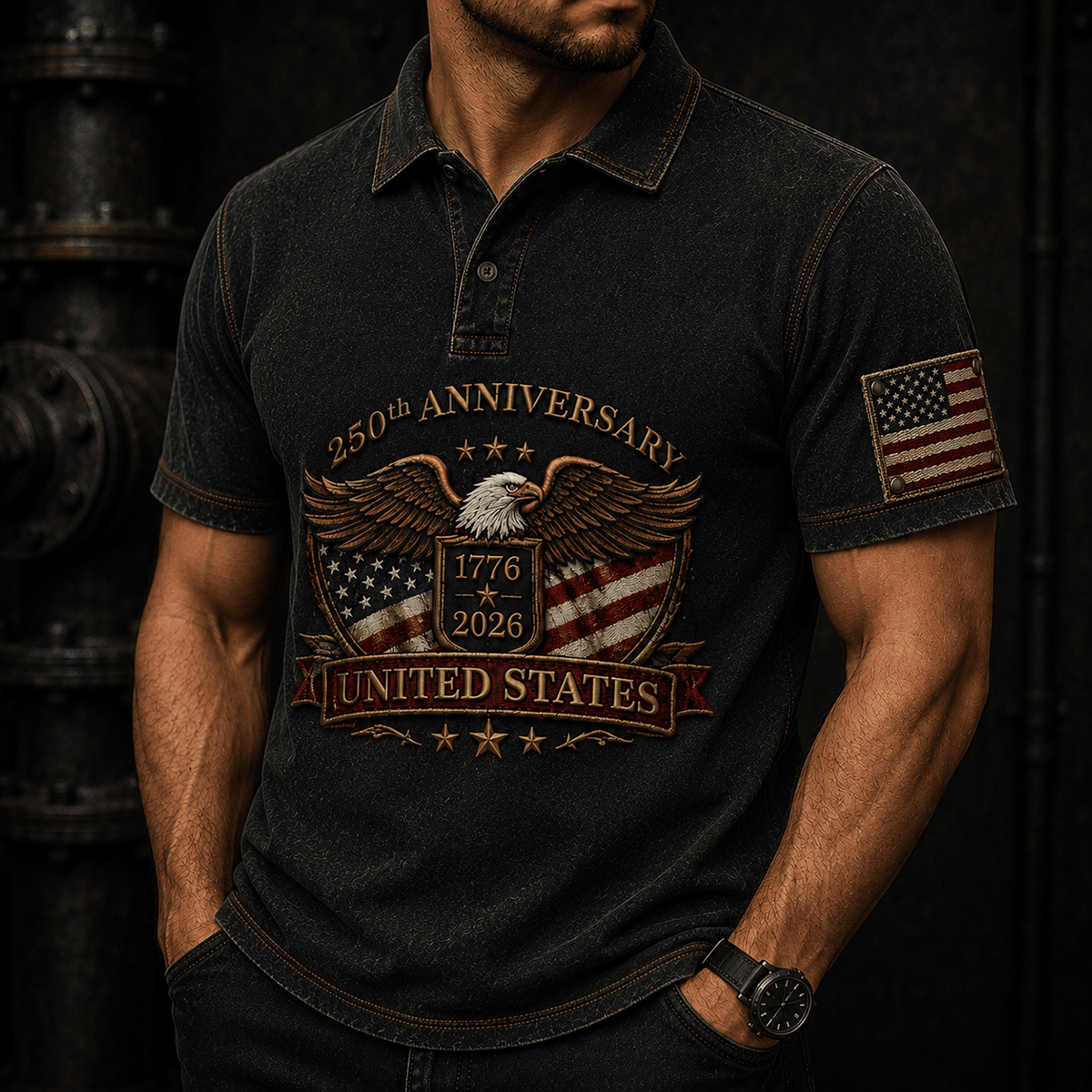 250th Anniversary 1776 2026 United States Printed Polo Shirt Patriotic Eagle American Flag Independence Day Veteran Gift for Men