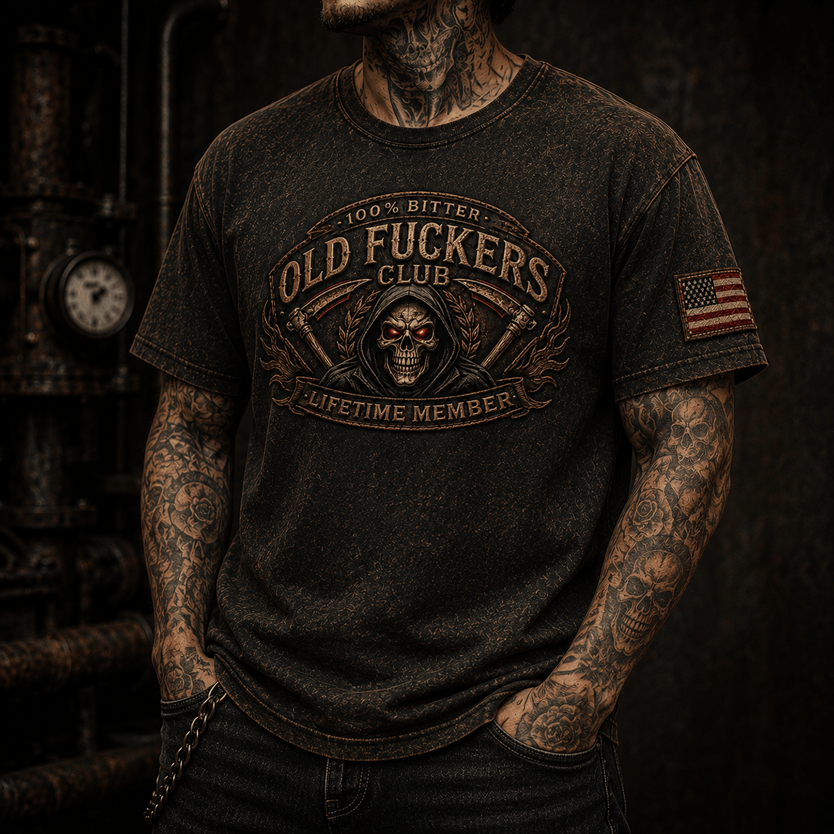 100% Bitter Old Fuckers Club Lifetime Member Printed T Shirt Grim Reaper Skull Vintage Graphic Biker Mechanic Gift for Dad Grandpa