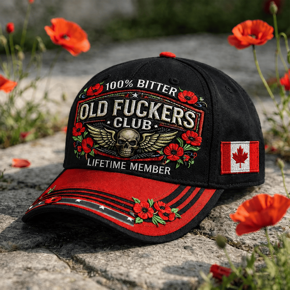 Old Fuckers Club Lifetime Member Printed Skull Cap Patriotic Poppy Veteran Gift Vintage Biker Hat for Men Canada Memorial Tribute