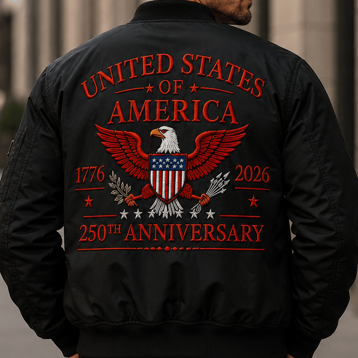 United States of America 250th Anniversary 1776 2026 Printed Eagle Bomber Jacket Patriotic USA Independence Day Veteran Gift