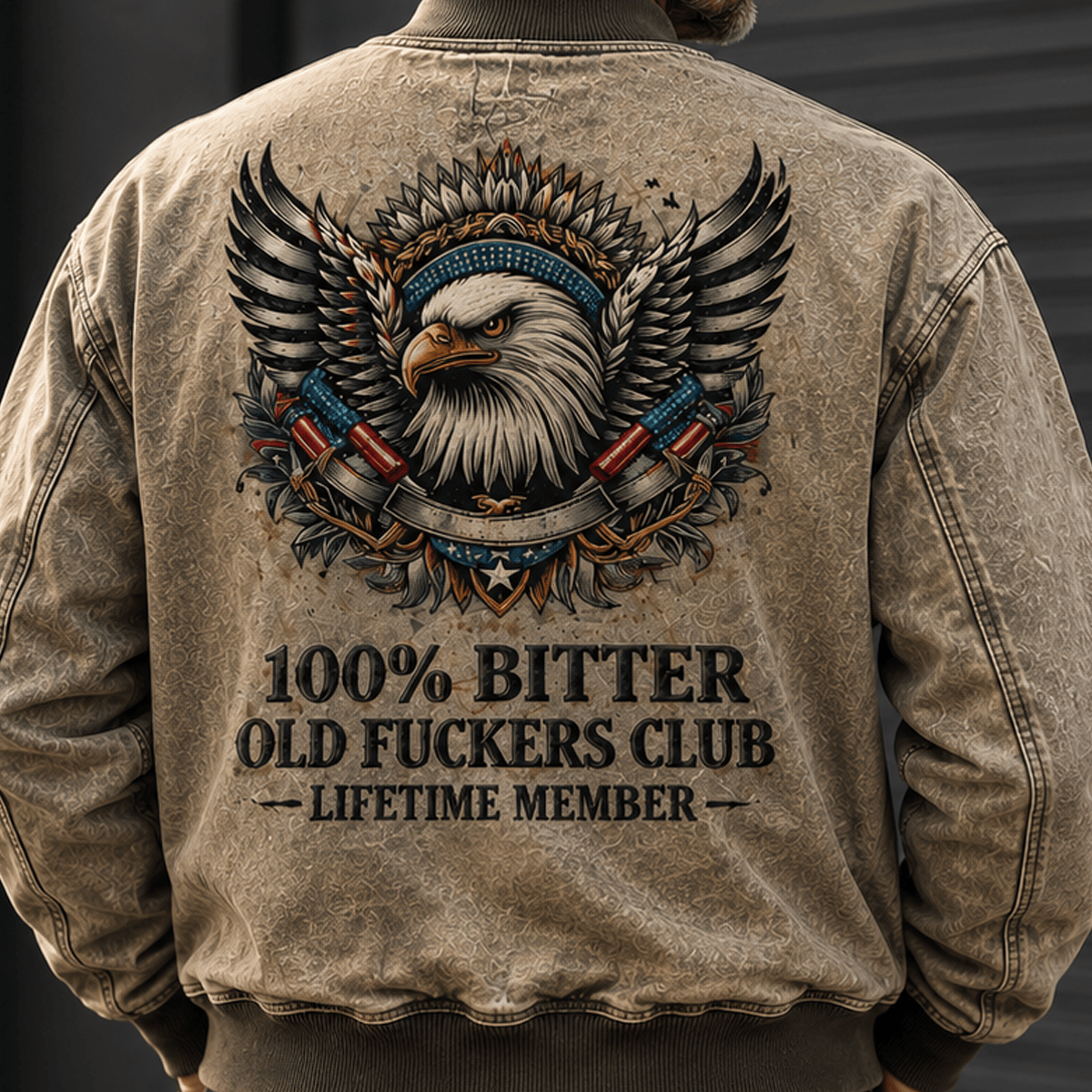Bitter Old Fuckers Club Lifetime Member Printed Bomber Jacket Bald Eagle Patriotic Gift for Dad Grandpa Veteran Motorcycle Rider