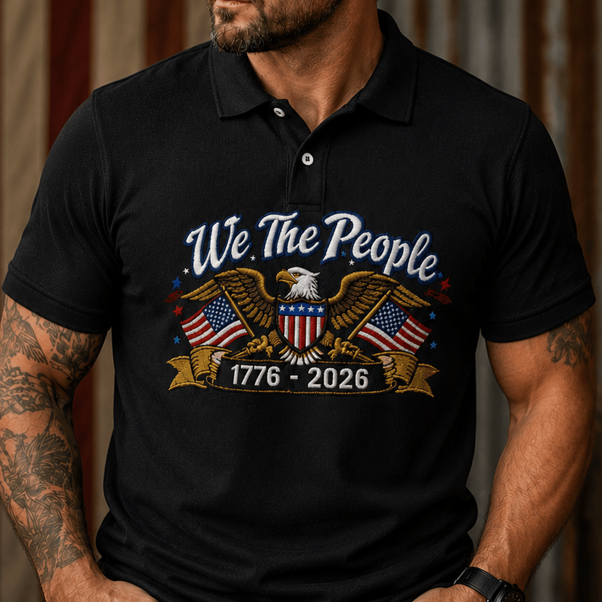 We The People 1776-2026 Printed Polo Shirt Patriotic Eagle USA Flag 250th Anniversary Gift for Dad Grandpa Veteran Polo