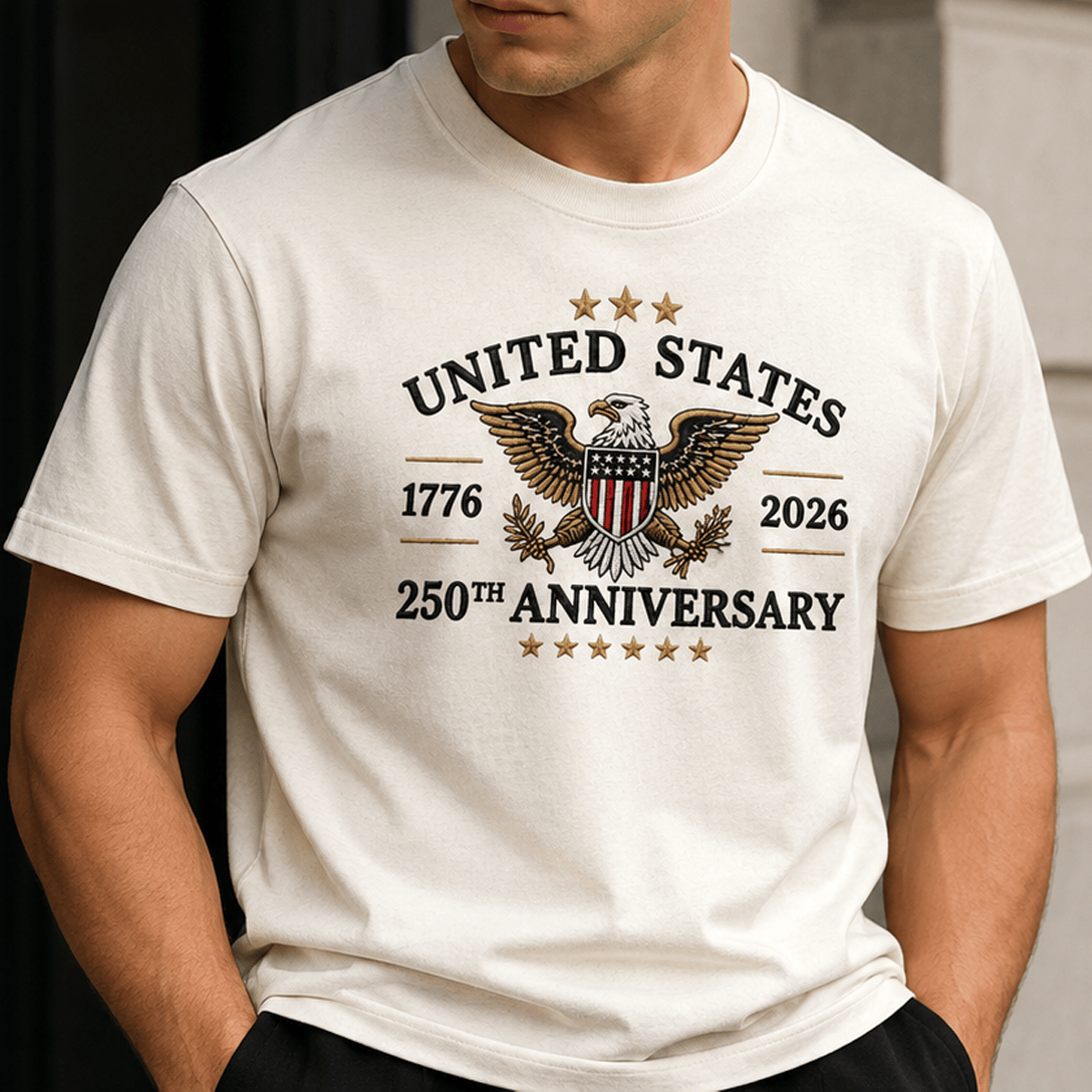 United States 1776 2026 250th Anniversary Printed T Shirt Patriotic Eagle American Flag Independence Day Gift for Dad Veteran