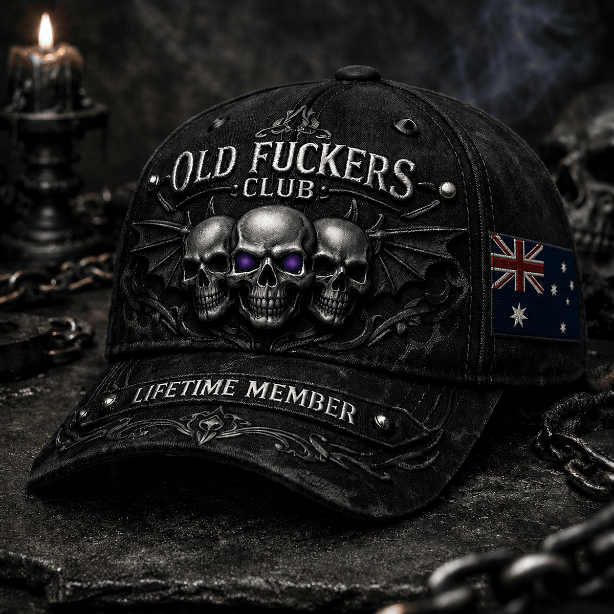 Old Fuckers Club Lifetime Member Printed Trucker Cap Skull Gothic Biker Gift for Dad Grandpa Motorcycle Rider Veteran Hat Australia