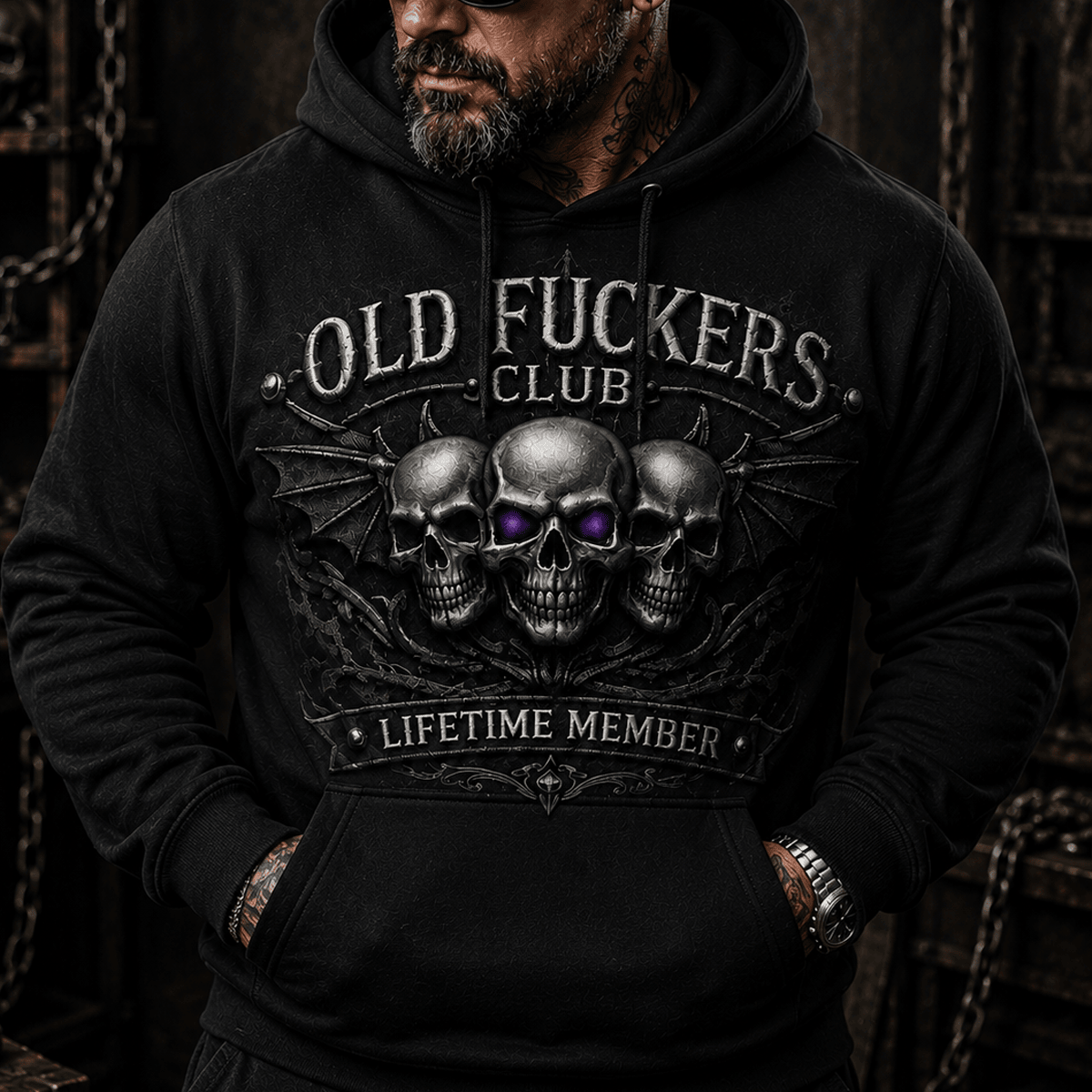 Old Fuckers Club Lifetime Member Printed Hoodie Skull Gothic Biker Gift for Dad Grandpa Motorcycle Rider Veteran Gift