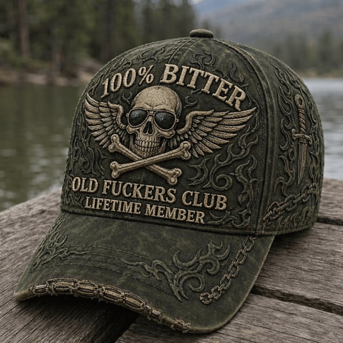 Bitter Old Fuckers Club Lifetime Member Printed Trucker Cap Skull Wings Biker Gift for Dad Grandpa Motorcycle Rider Veteran Hat