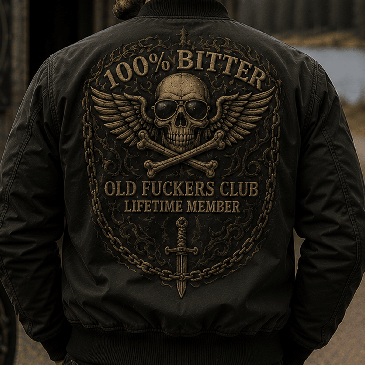 Bitter Old Fuckers Club Lifetime Member Printed Bomber Jacket Skull Wings Biker Gift for Dad Grandpa Motorcycle Rider Veteran Gift