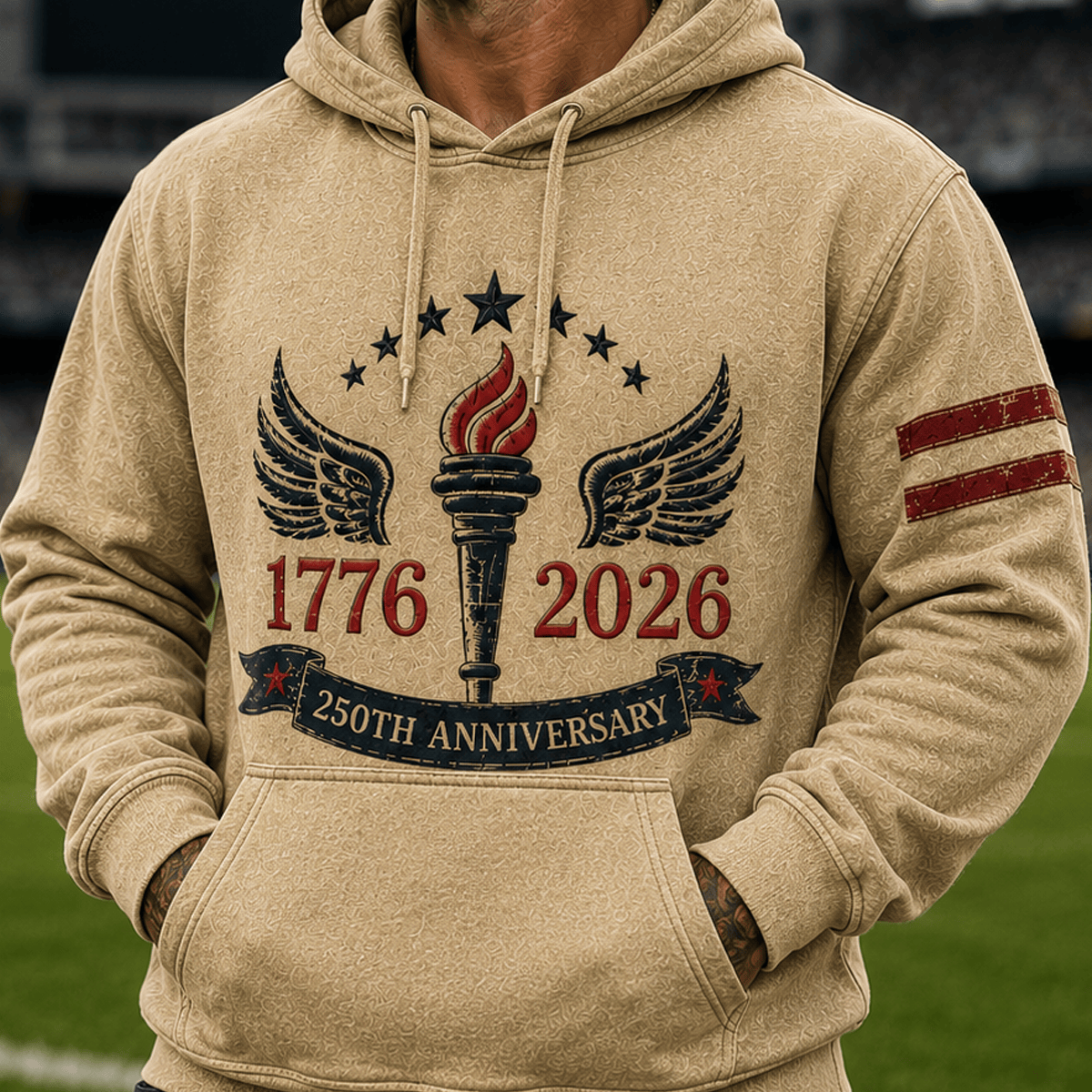 1776 2026 250th Anniversary Printed Hoodie Patriotic Torch Wings American Flag USA Independence Gift for Men Dad