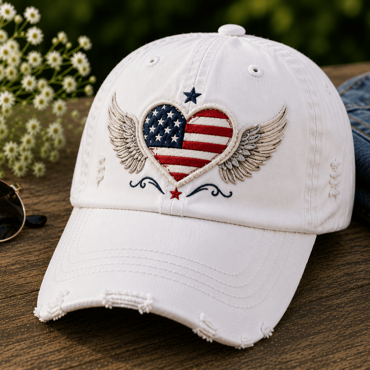 American Flag Heart With Angel Wings Printed Cap Patriotic USA Baseball Hat Independence Day Gift for Women Mom Wife USA Pride