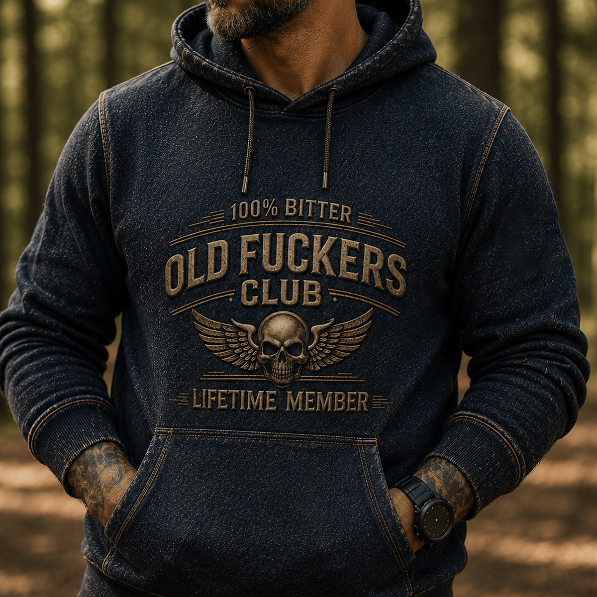 Old Fuckers Club Lifetime Member Printed Hoodie Skull Wing Graphic Veteran Gift for Dad Grandpa Motorcycle Rider Patriotic Pullover