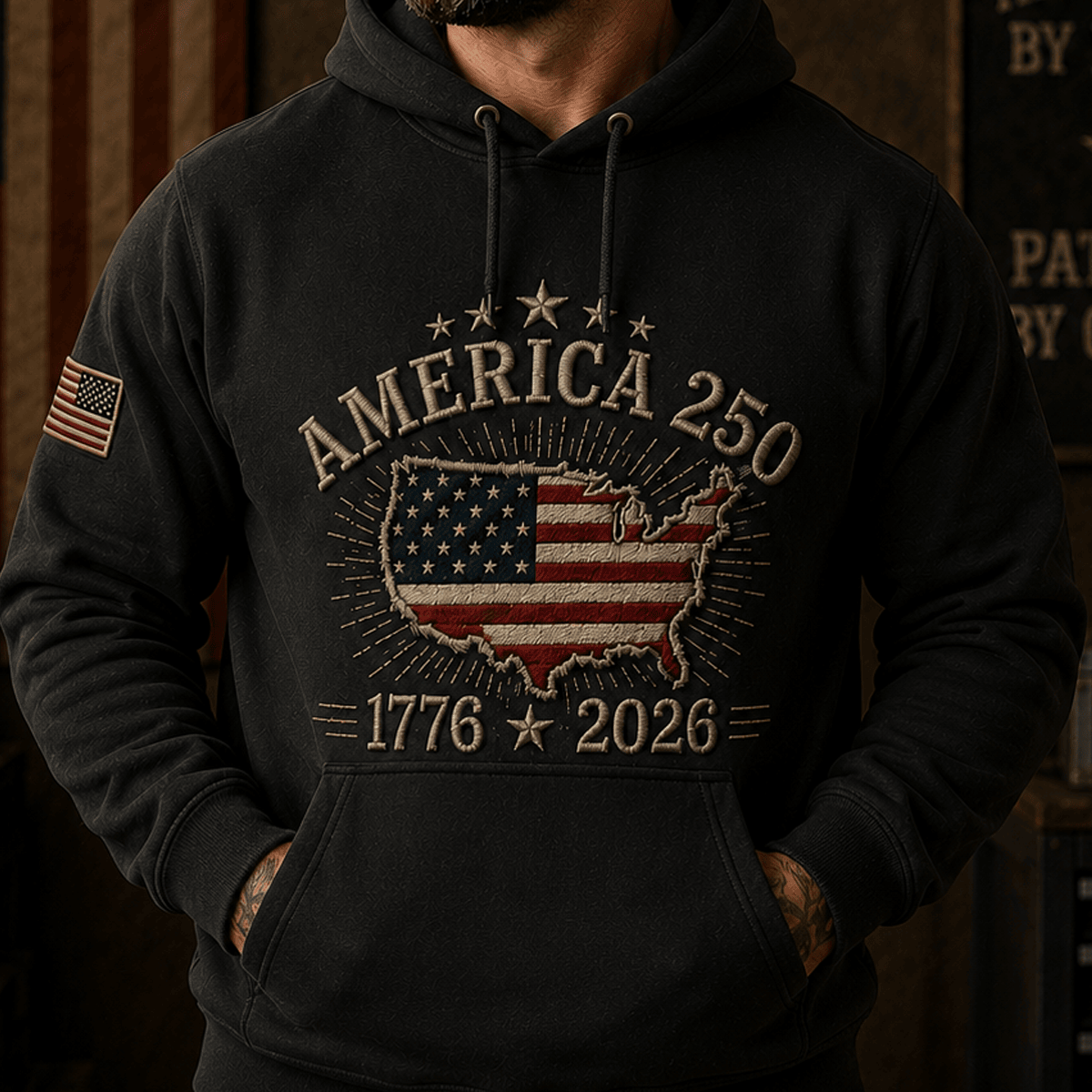 America 250 1776–2026 USA Map Flag Printed Hoodie Patriotic Independence Day 250th Anniversary Veteran Gift for Men Dad