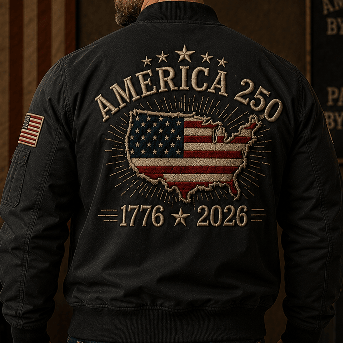 America 250 1776–2026 USA Map Flag Printed Bomber Jacket Patriotic Independence Day 250th Anniversary Veteran Gift for Men Dad