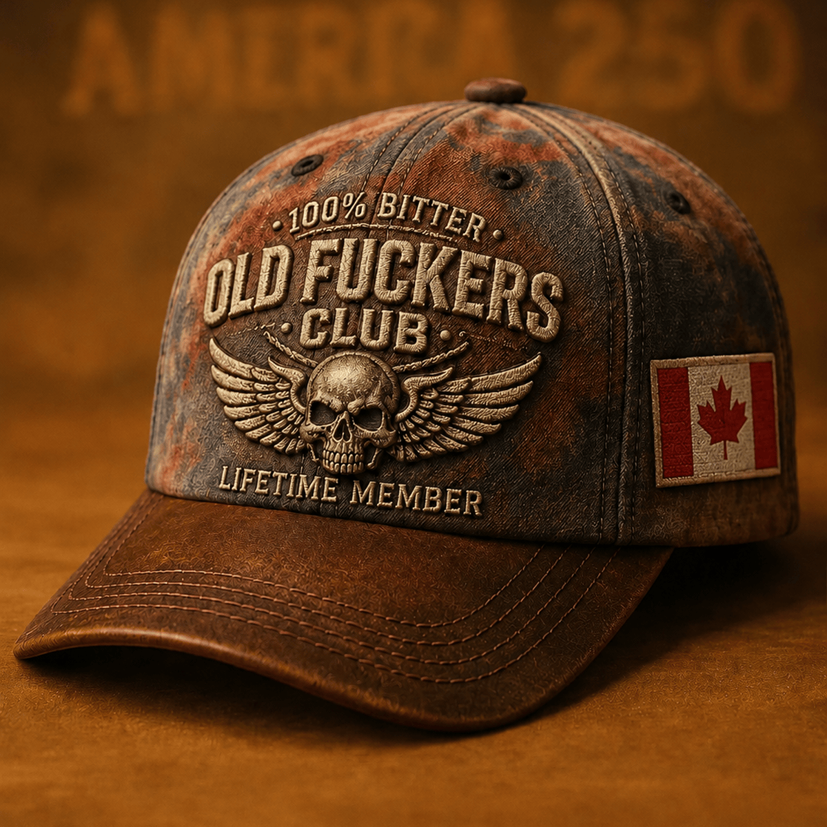 Old Fuckers Club Lifetime Member Skull Wings Printed Cap Vintage Biker Gift for Dad Grandpa Motorcycle Rider Canada Flag