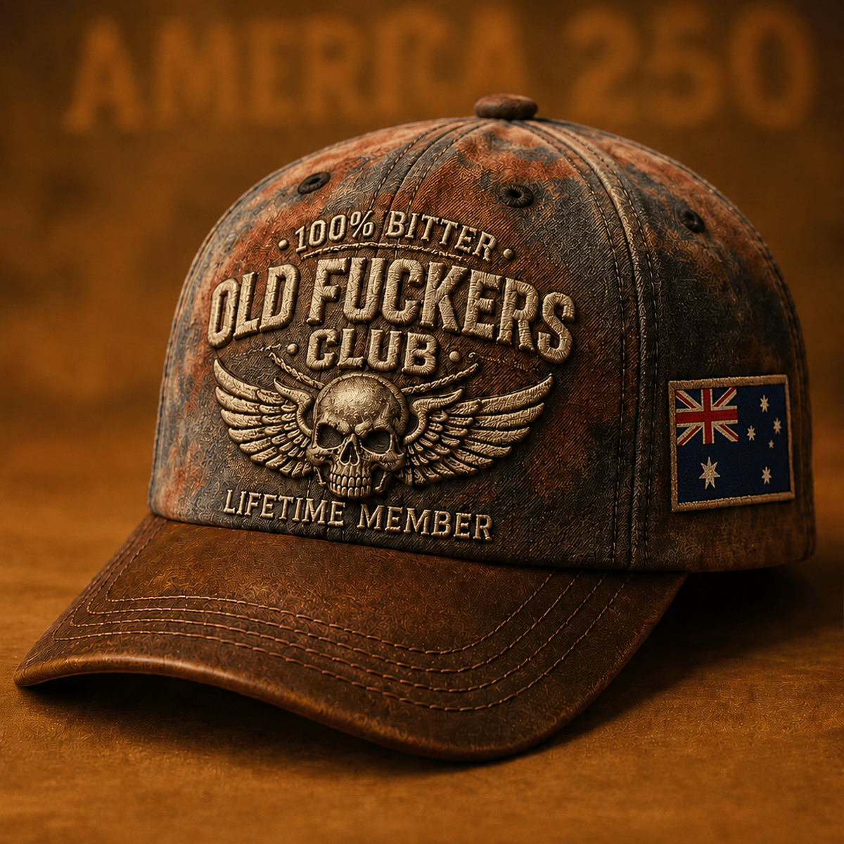 Old Fuckers Club Lifetime Member Skull Wings Printed Cap Vintage Biker Gift for Dad Grandpa Motorcycle Rider Australia Flag