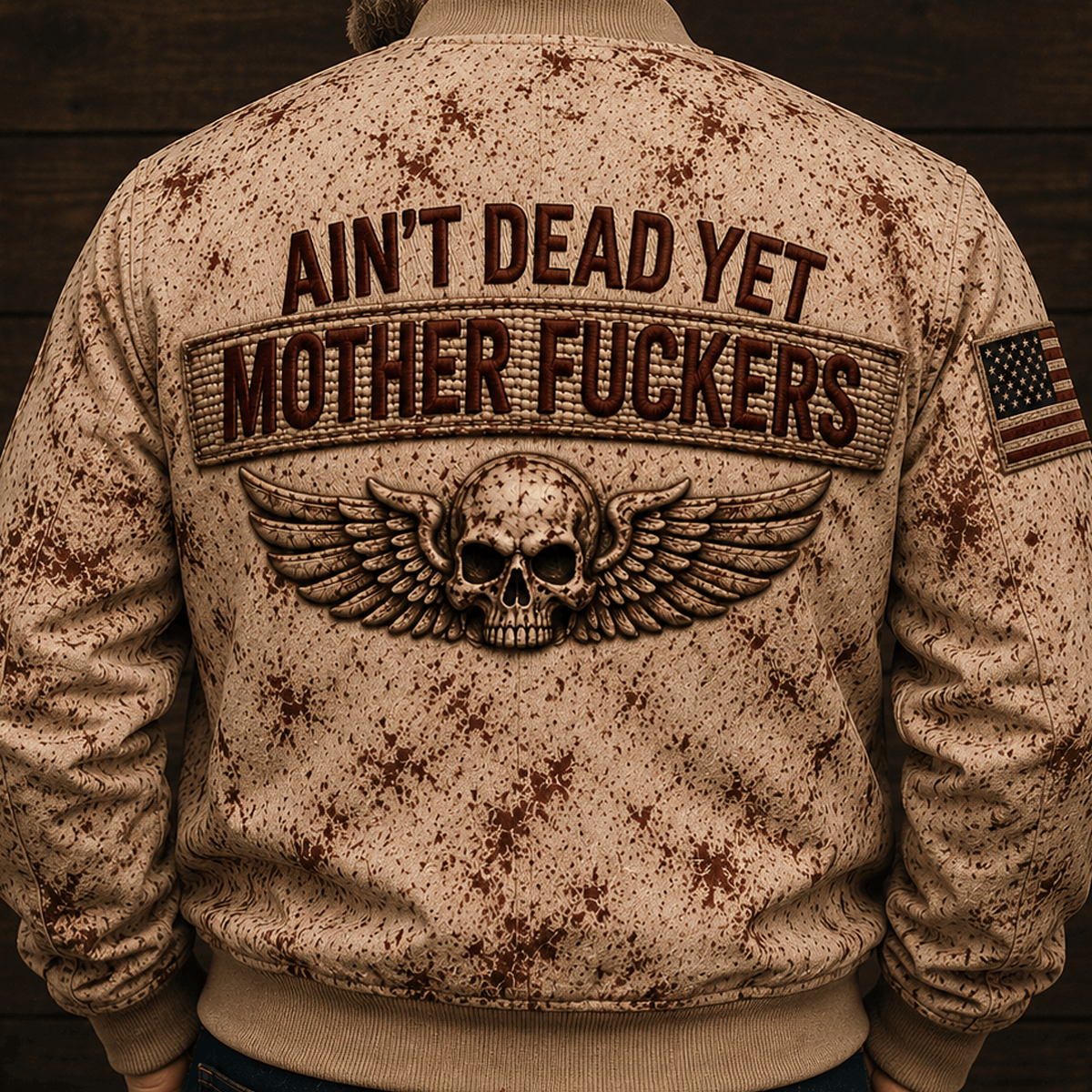 Ain't Dead Yet Mother Fuckers Skull Wings Printed Bomber Jacket Patriotic Gift for Dad Grandpa Veteran Biker Motorcycle Rider Vintage