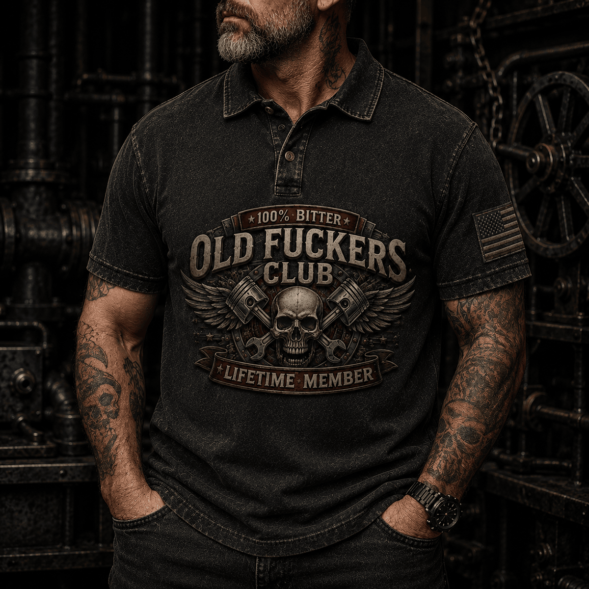 Old Fuckers Club Lifetime Member Printed Polo Shirt Skull Piston Mechanic Gift for Dad Grandpa Biker Trucker Patriotic
