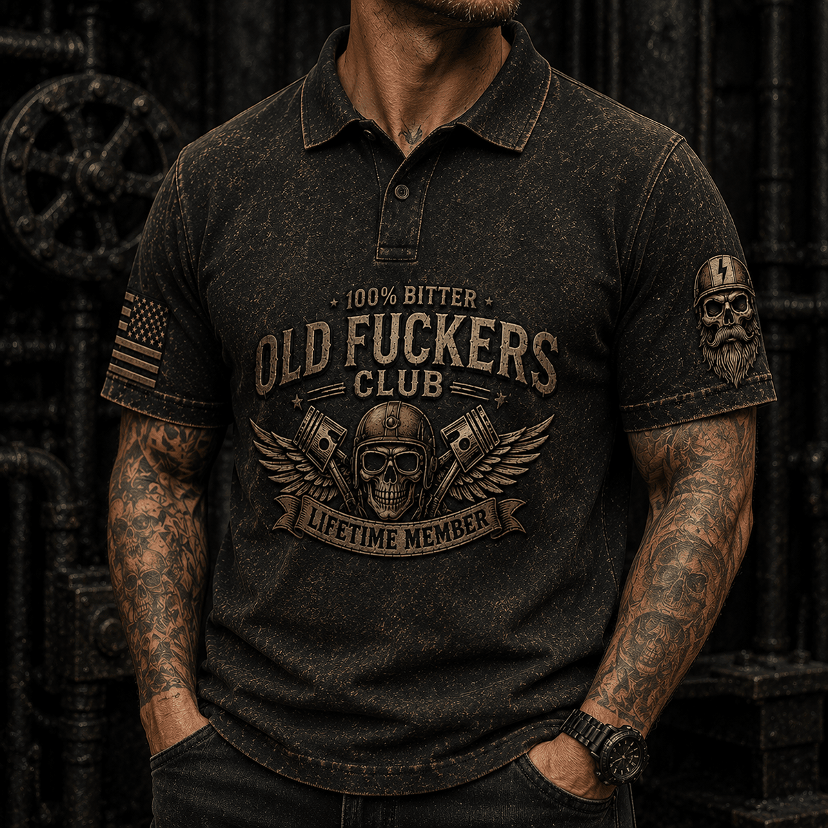 Old Fuckers Club Lifetime Member Printed Polo Shirt Skull Piston Mechanic Biker Gift for Dad Grandpa Motorcycle Lover