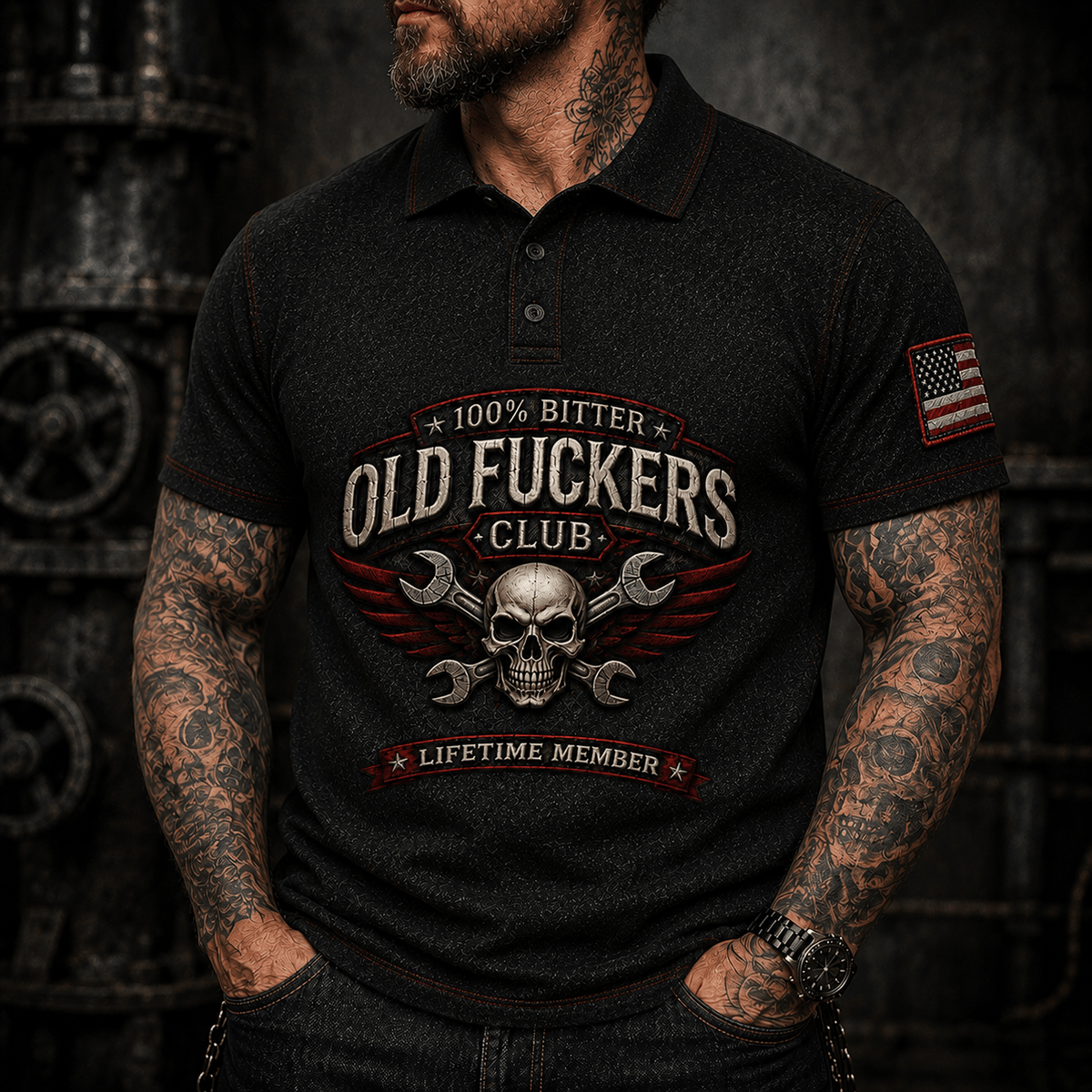 Old Fuckers Club Lifetime Member Printed Polo Shirt Skull Wrench Mechanic Biker Gift for Dad Grandpa Motorcycle Rider