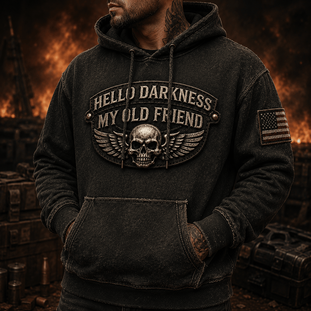 Hello Darkness My Old Friend Printed Hoodie Skull Wing Gothic Graphic Patriotic Gift for Dad Biker Motorcycle Rider Vintage Style