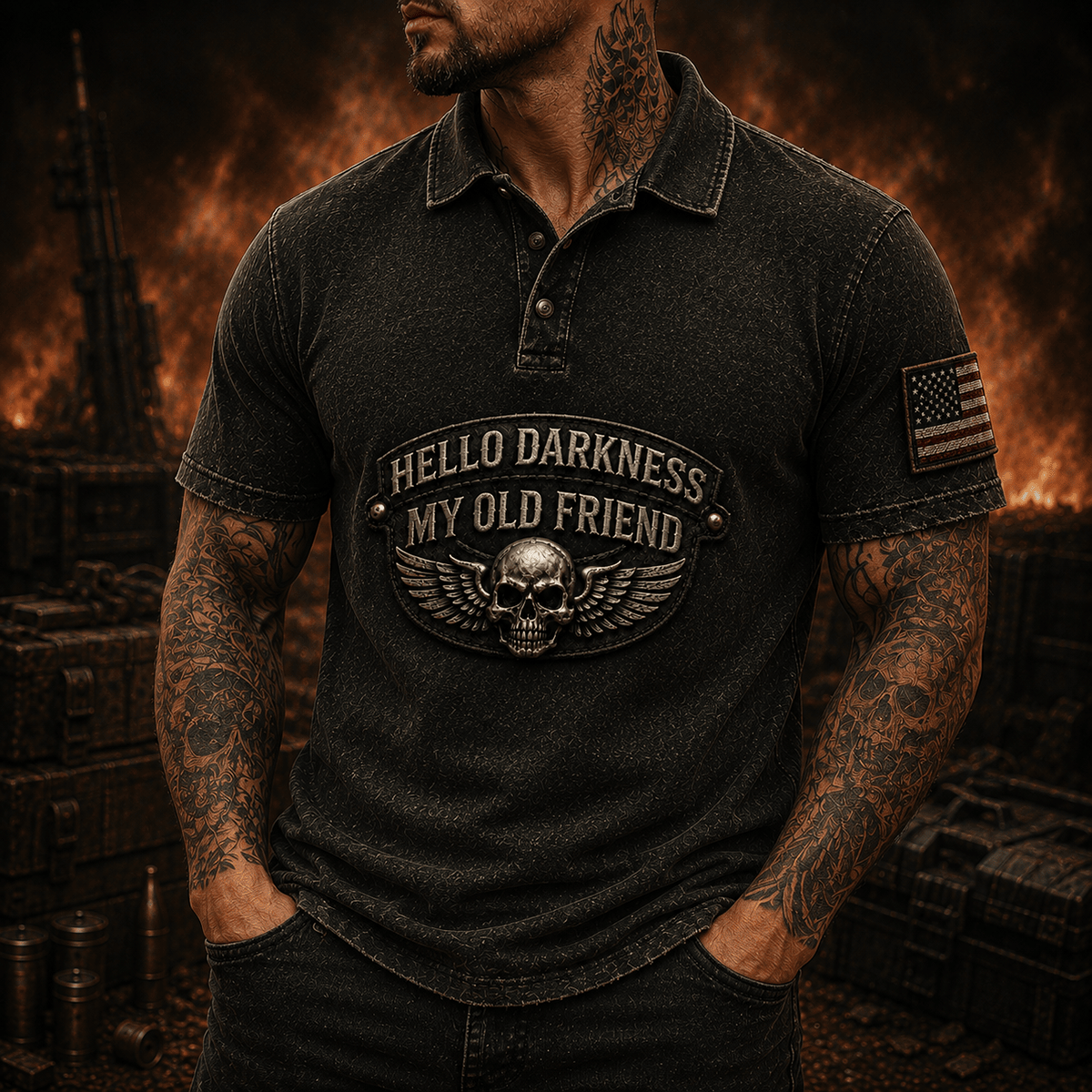 Hello Darkness My Old Friend Printed Polo Shirt Skull Wing Gothic Graphic Patriotic Gift for Dad Biker Motorcycle Enthusiast