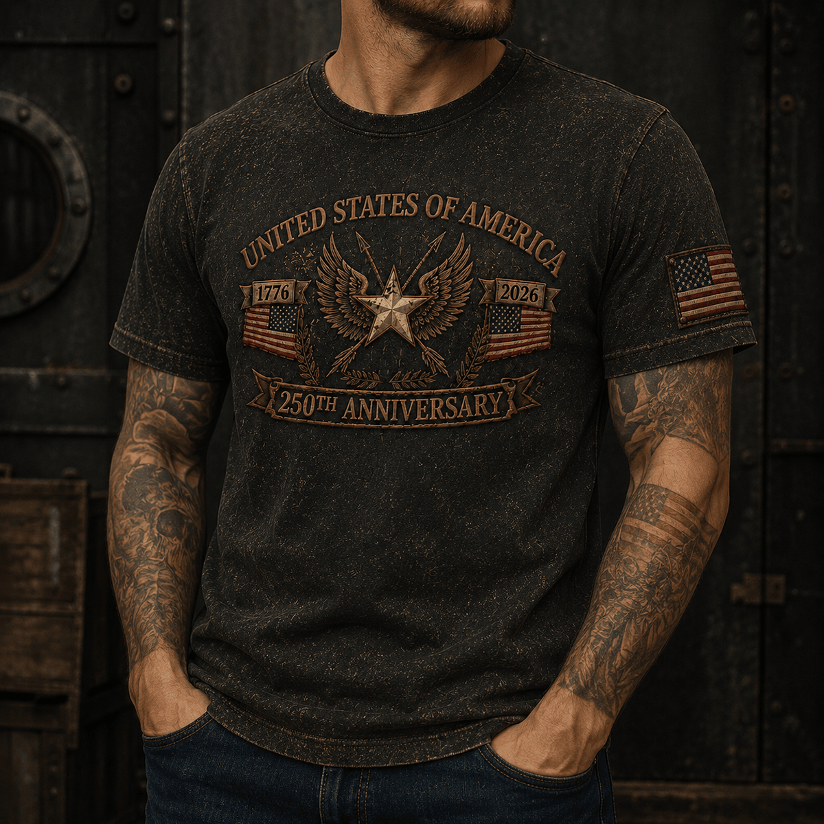 United States of America 250th Anniversary 1776-2026 Printed T Shirt Patriotic Eagle American Flag Independence Day Gift
