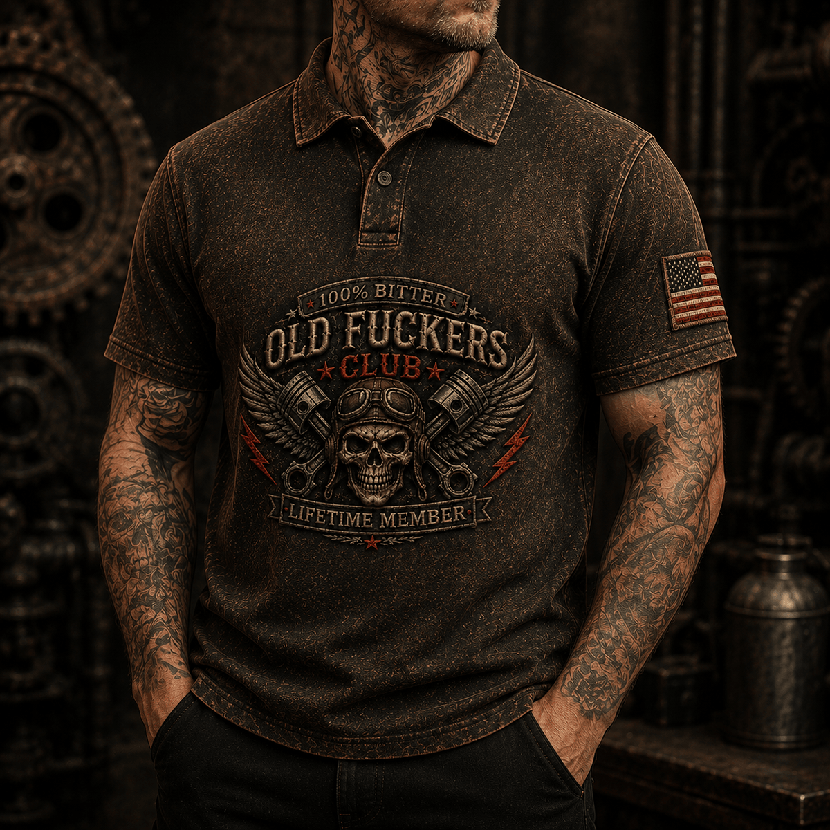 Old Fuckers Club Lifetime Member Printed Polo Shirt Skull Biker Motorcycle Rider Patriotic Gift for Men