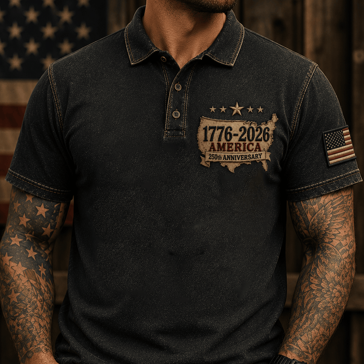 1776-2026 America 250th Anniversary Printed Polo Shirt Patriotic USA American Flag Independence Day Gift for Men