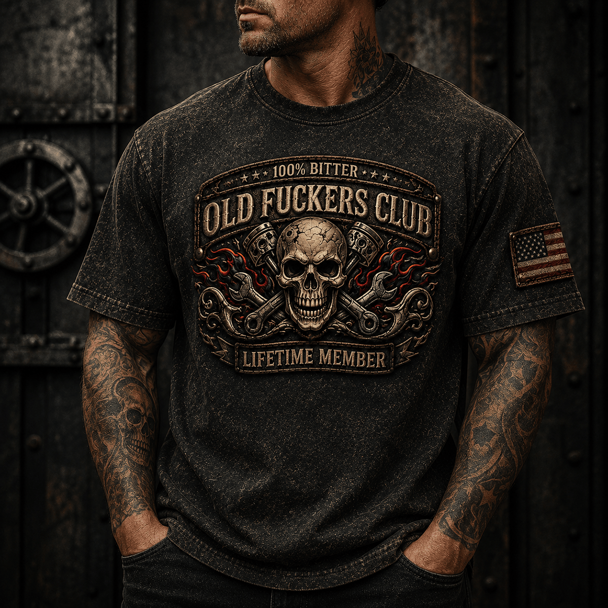 Old Fuckers Club Lifetime Member Printed Skull Mechanic T Shirt Patriotic Gift for Grandpa Dad Graphic Tee