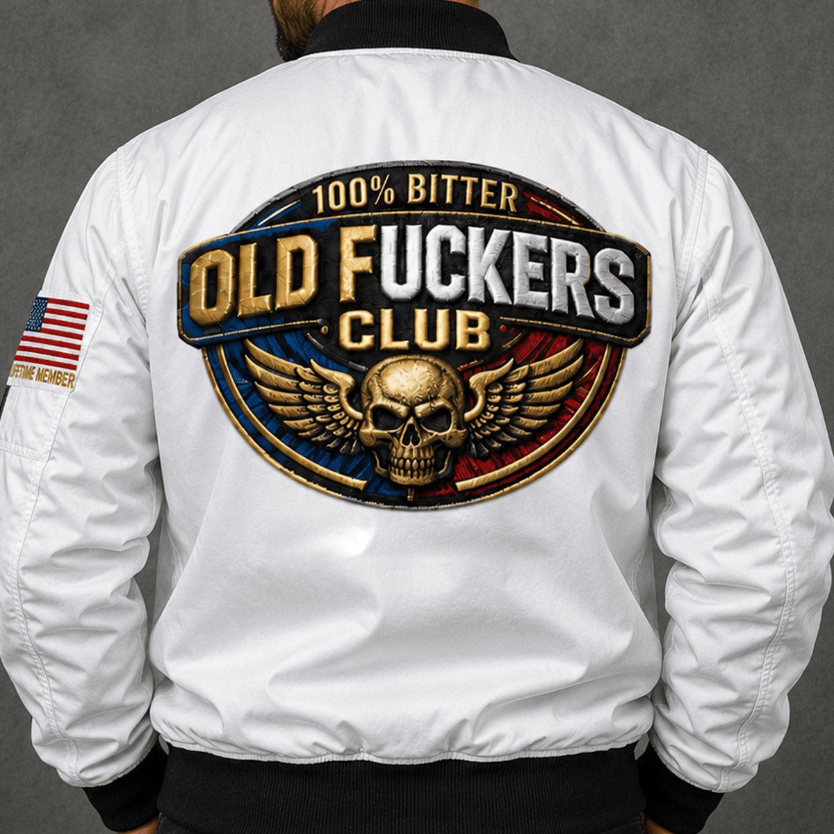 Bitter Old Fuckers Club Printed White Bomber Jacket Skull Wings Patriotic Lifetime Member Gift for Dad Grandpa Veteran