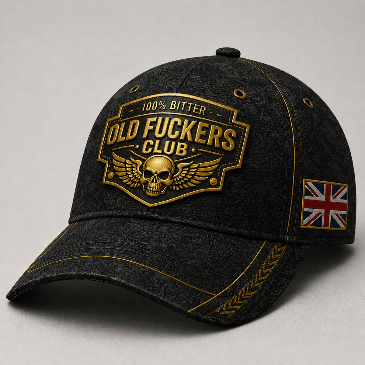 Bitter Old Fuckers Club Printed Skull Wings Black Cap UK Flag Gift for Dad Grandpa Veteran