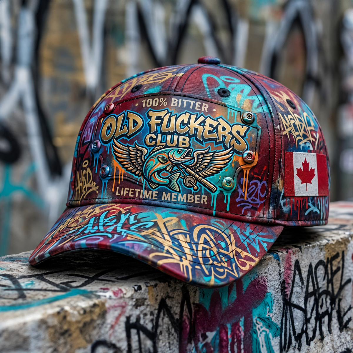 Bitter Old Fuckers Club Lifetime Member Printed Fishing Trucker Cap Canada Flag Gift for Dad Father's Day Bass Fishing Hat