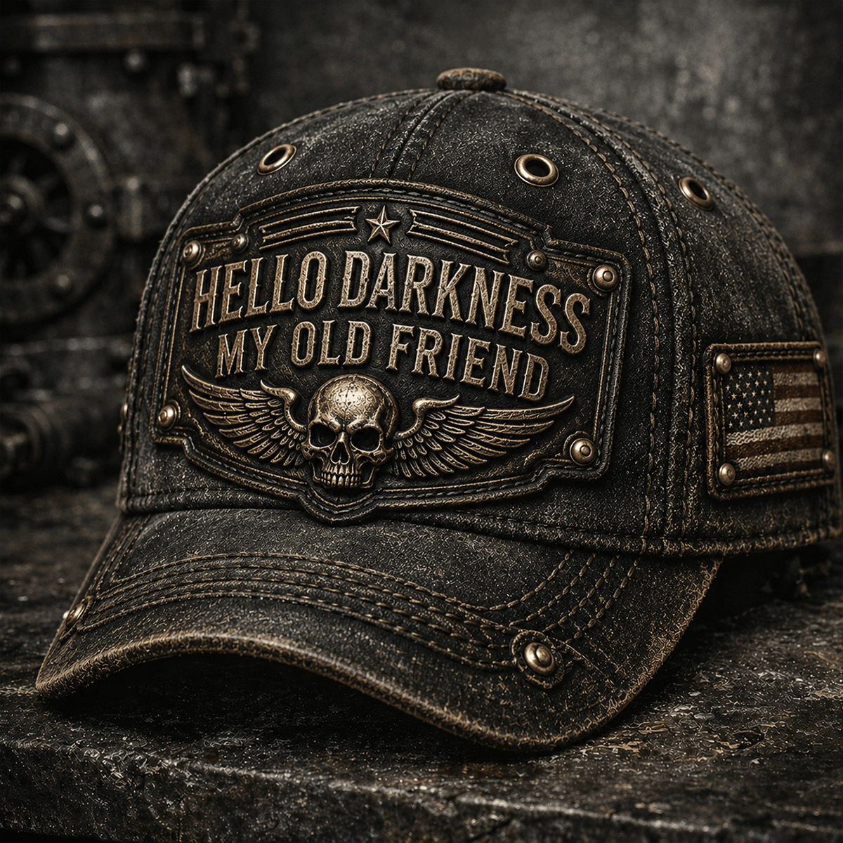 Hello Darkness My Old Friend Printed Cap Skull Wing Biker Hat Vintage Motorcycle Cap Gothic Riding Hat Gift for Men Dad Grandpa Rider
