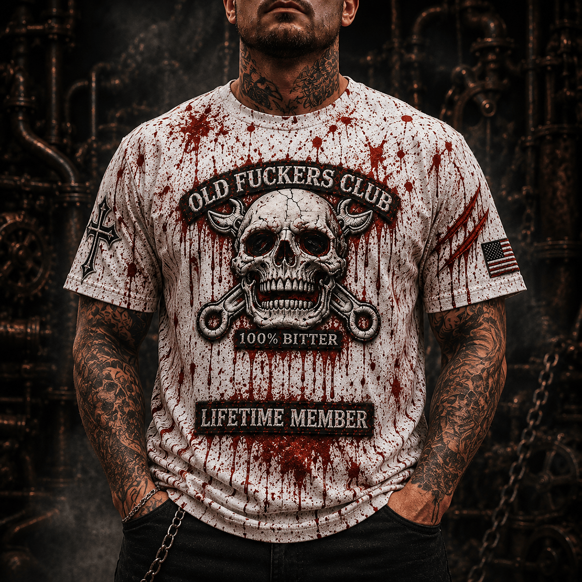 Old Fuckers Club Lifetime Member Printed T Shirt Skull Motorcycle Biker Tee Gothic Horror Gift for Dad Grandpa Motorcycle Enthusiasts