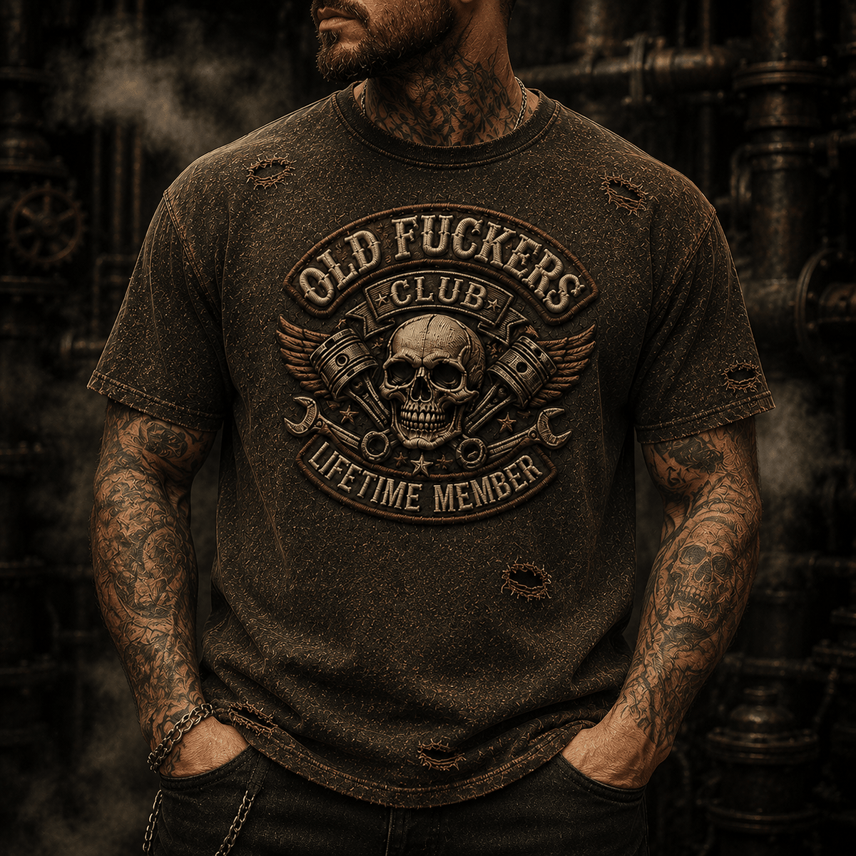 Old Fuckers Club Lifetime Member Printed T Shirt for Mechanics Skull Piston Graphic Vintage Garage Worker Biker Gift Graphic Tee for Men
