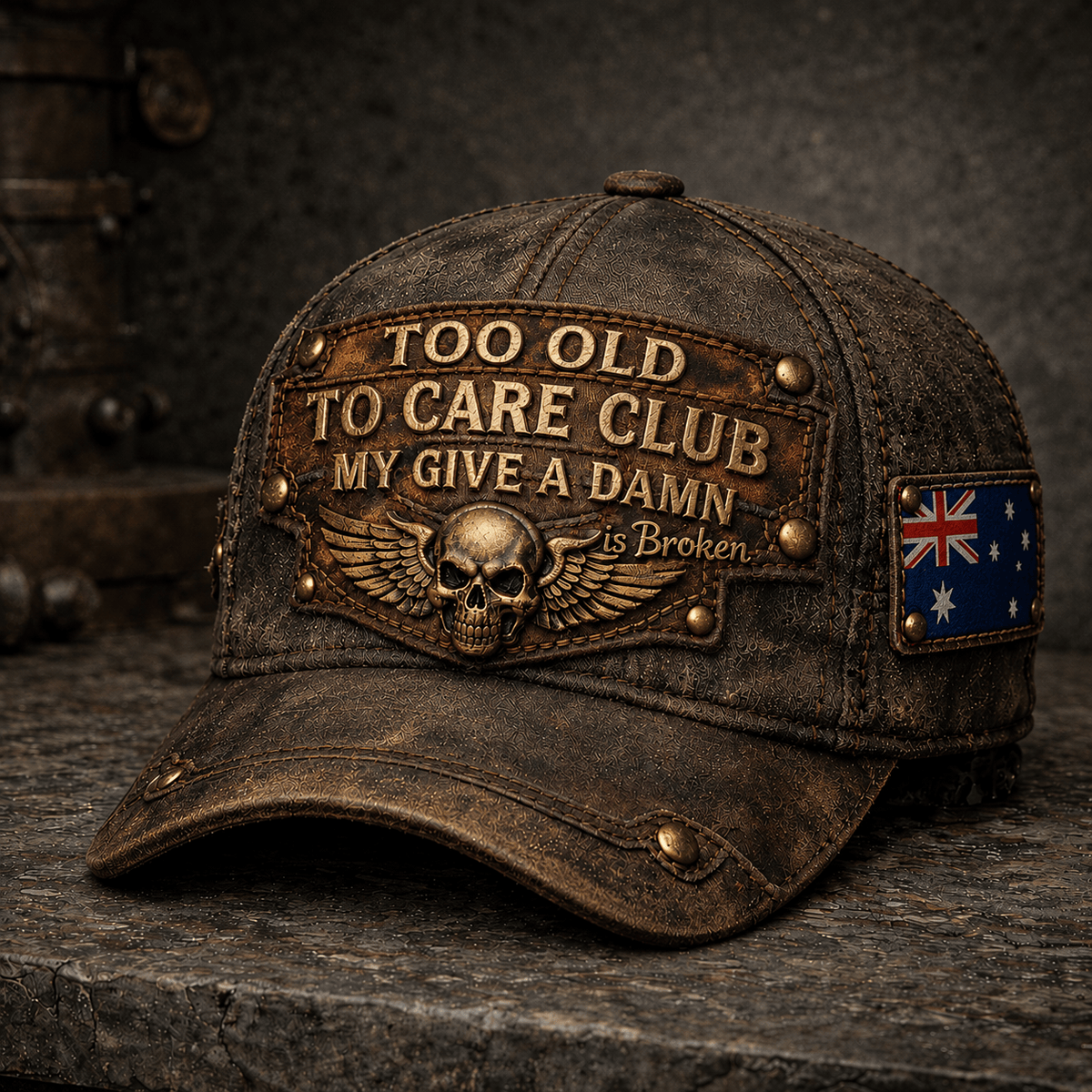 Too Old To Care Club Printed Vintage Trucker Cap My Give A Damn Is Broken Skull Wings Mechanic Hat Gift for Australian Biker