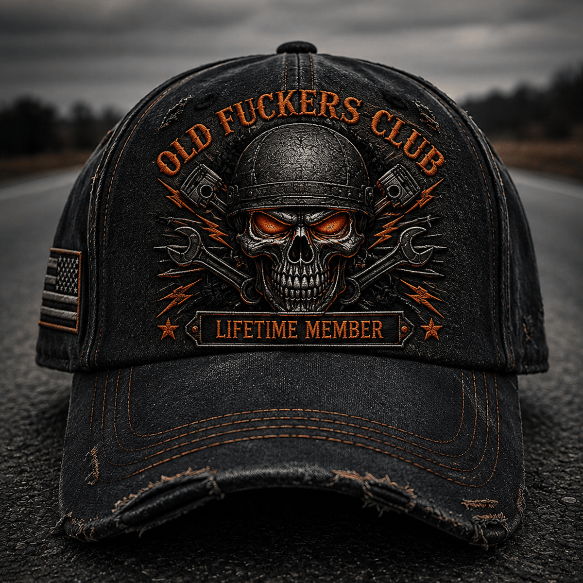 Old Fuckers Club Lifetime Member Printed Mechanic Skull Cap for Men, Vintage Trucker Hat with Wrench Skull Graphic, Funny Gift for Dad