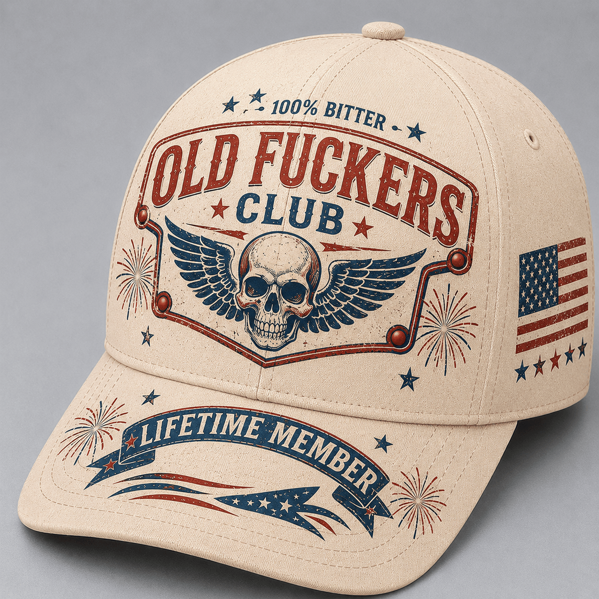 Bitter Old Fuckers Club Lifetime Member Skull Wings Printed Baseball Cap for Men American Flag Snapback Hat Funny Gift for Dad Grandpa